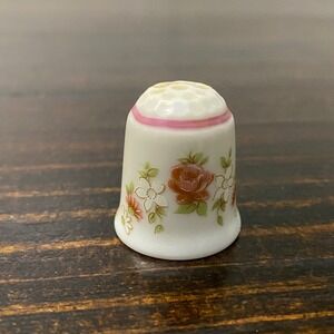 Reutter Porzellan Germany Vintage Floral Porcelain Thimble Orange Rose Pink Band